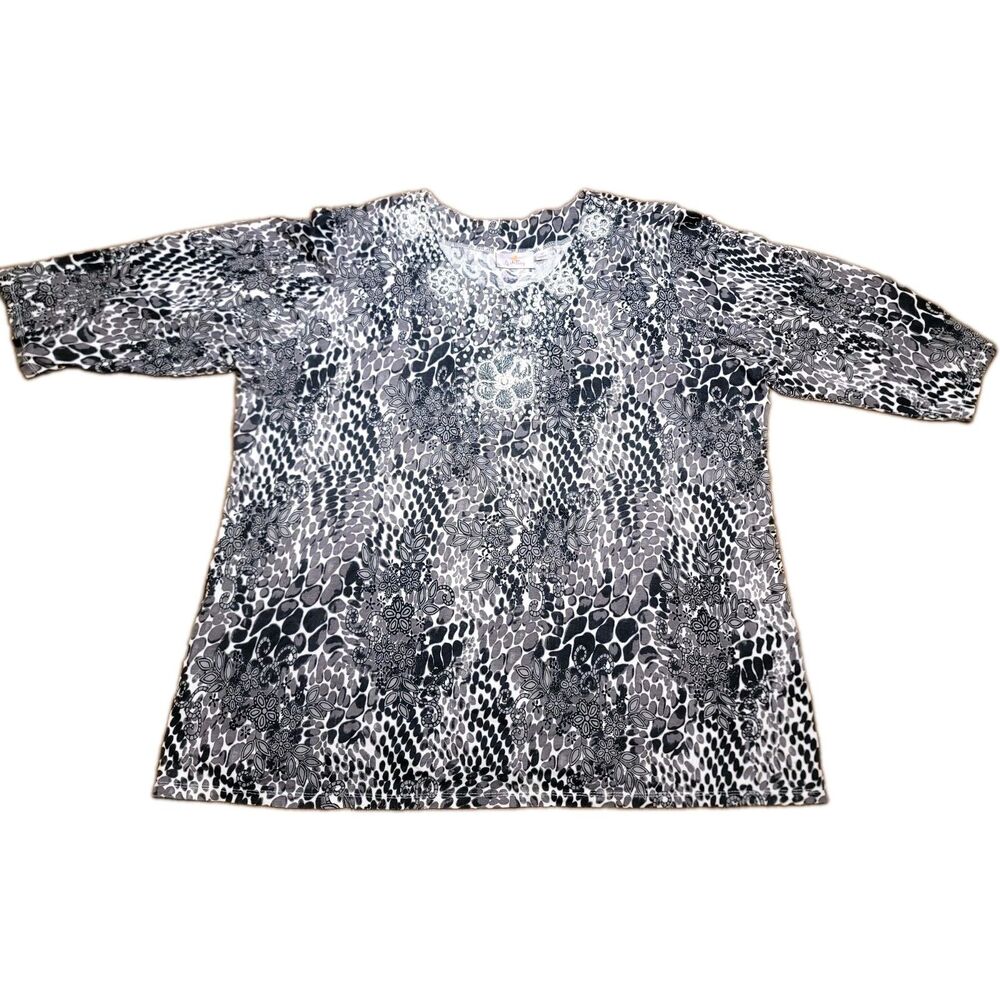 Quaker Factory Womens 3X Top White & Black Pattern Jewels Long Sleeves